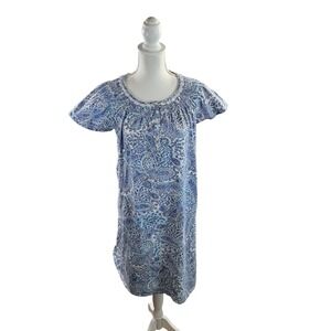 Aria Collection Blue Paisley Short‎ Sleeve 100% Cotton House dress L